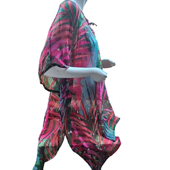 One Size Tropical Leaves Kimono Shear Beach Suit Cover-up Lace Up Neck Party - Picture 5 of 6